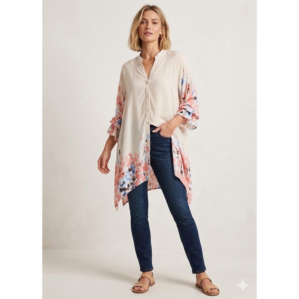 Grand & Greene Button Front Blouse Split V Neck Floral Trim NEW Size XL
